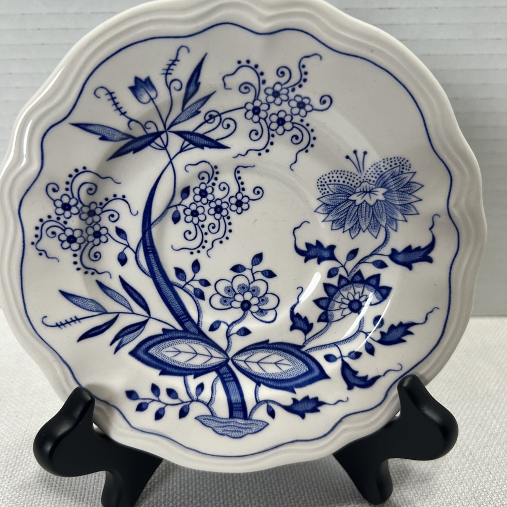Ironstone Oriental Onion Floral Saucer Plate Blue White Glossy Japan 4610